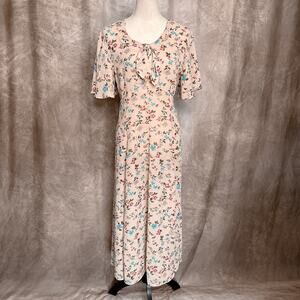 Vintage 70s Floral Prairie Dress Cream Flutter Sleeve Sheer Maxi Accent Bodice